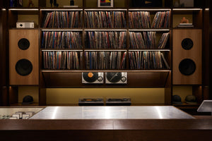 A store backdrop filled with record vinyls.