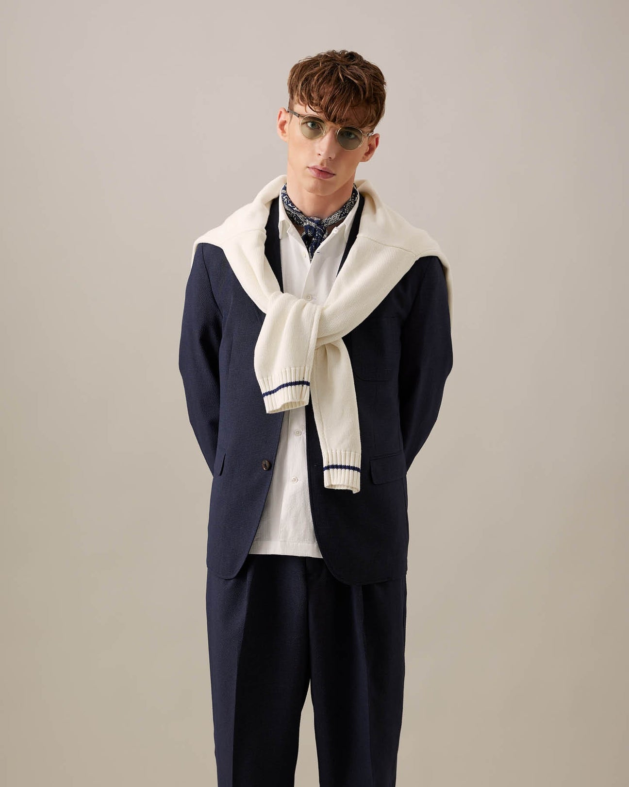 Benjamin Barker's Imasaka White Seersucker Cuban layered with Musashi Asphalt Seersucker Suit and bandana